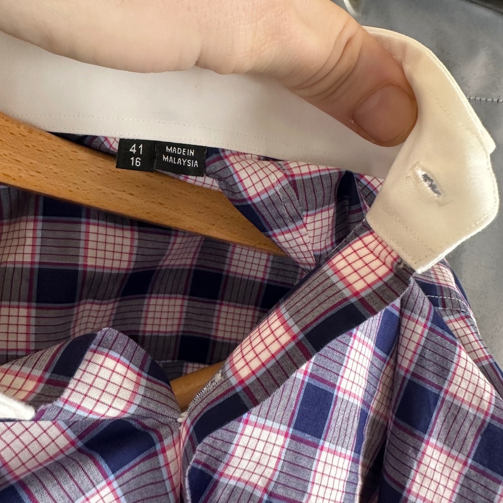 Hugo Boss Mens Slim Fit Check Dress Shirt Navy Pink White Collar 16 41 - Picture 5 of 9